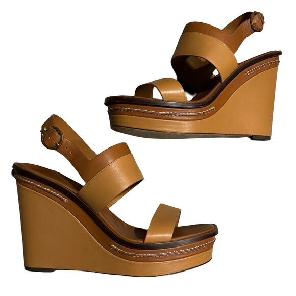 Tory Burch Selby brown Wedge Heels Slip On Size 11 two tone leather sandals - Picture 3 of 10